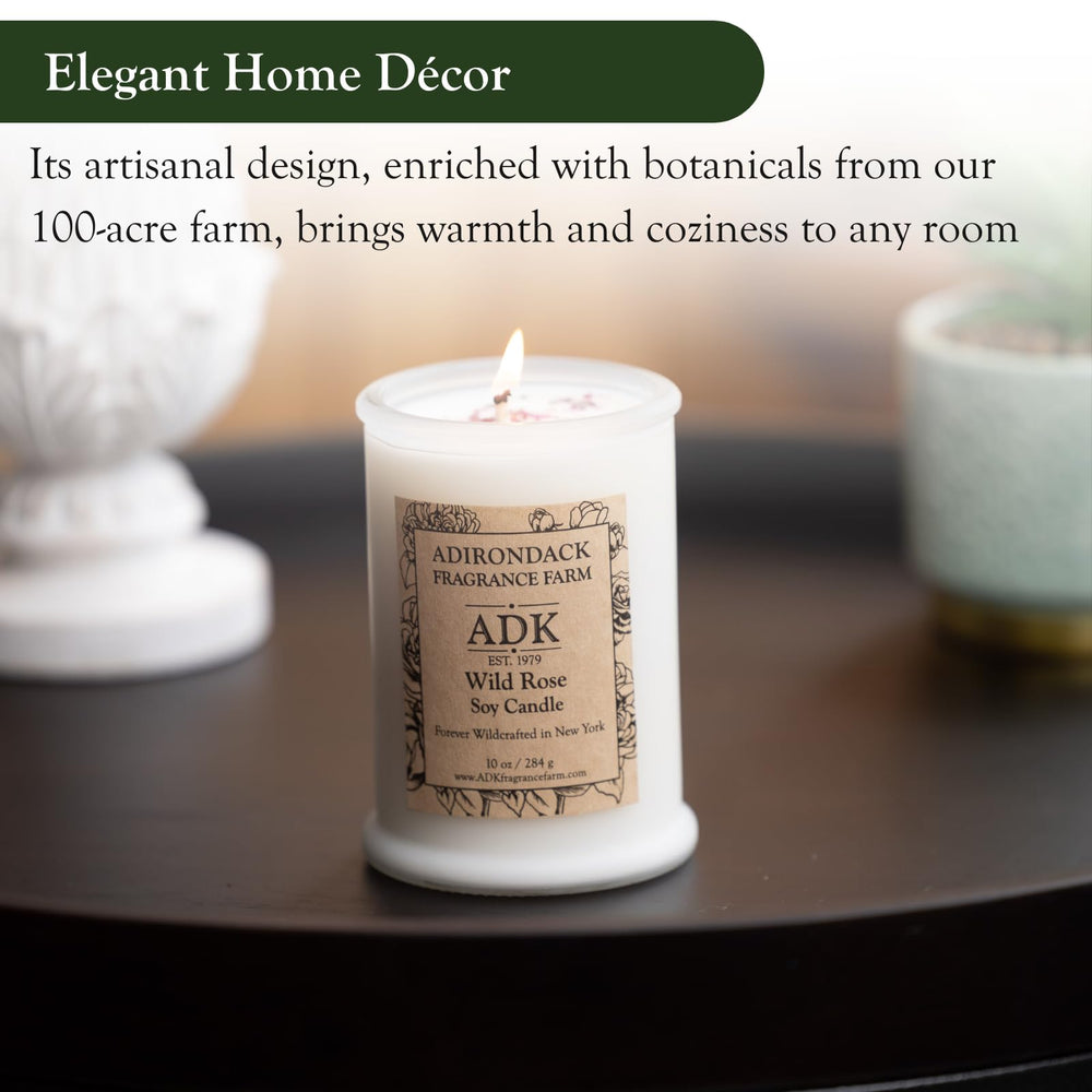 ADK Wild Rose Candle in living room setup enhances décor and scent.