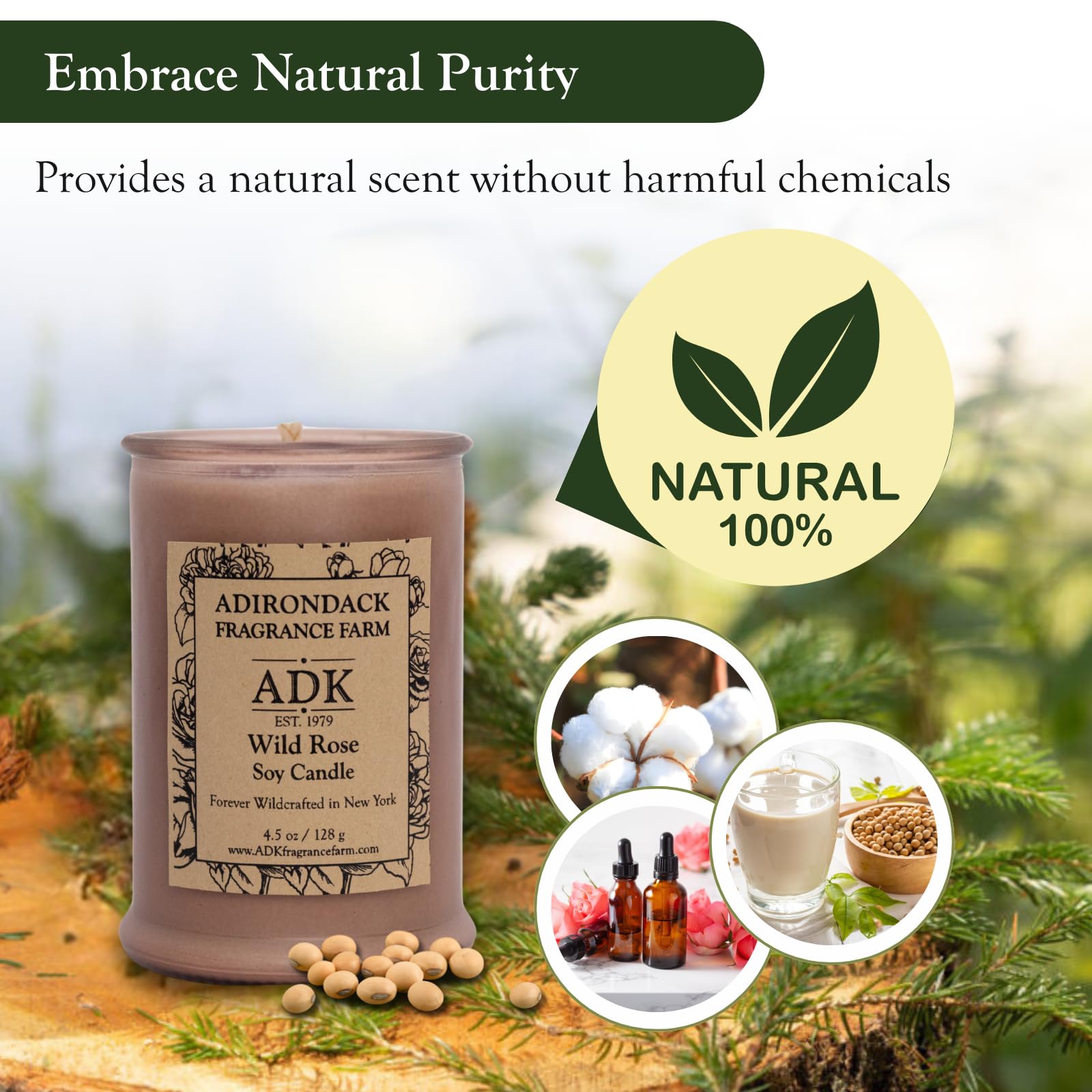 ADK Wild Rose Candle label highlights artisanal craftsmanship and natural ingredients.