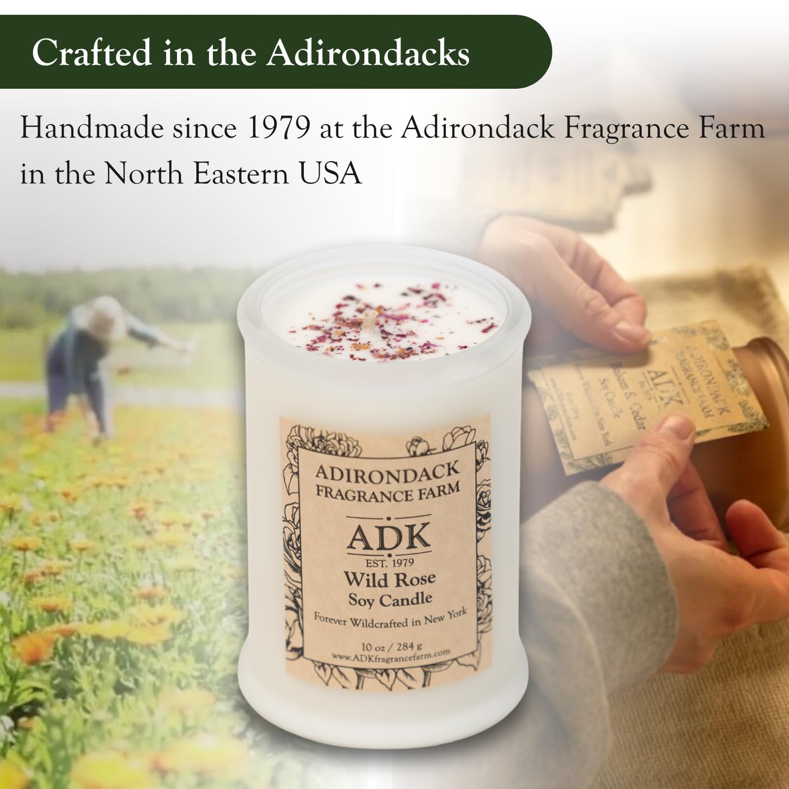 ADK Wild Rose Candle packaging emphasizes quality and long-lasting fragrance.