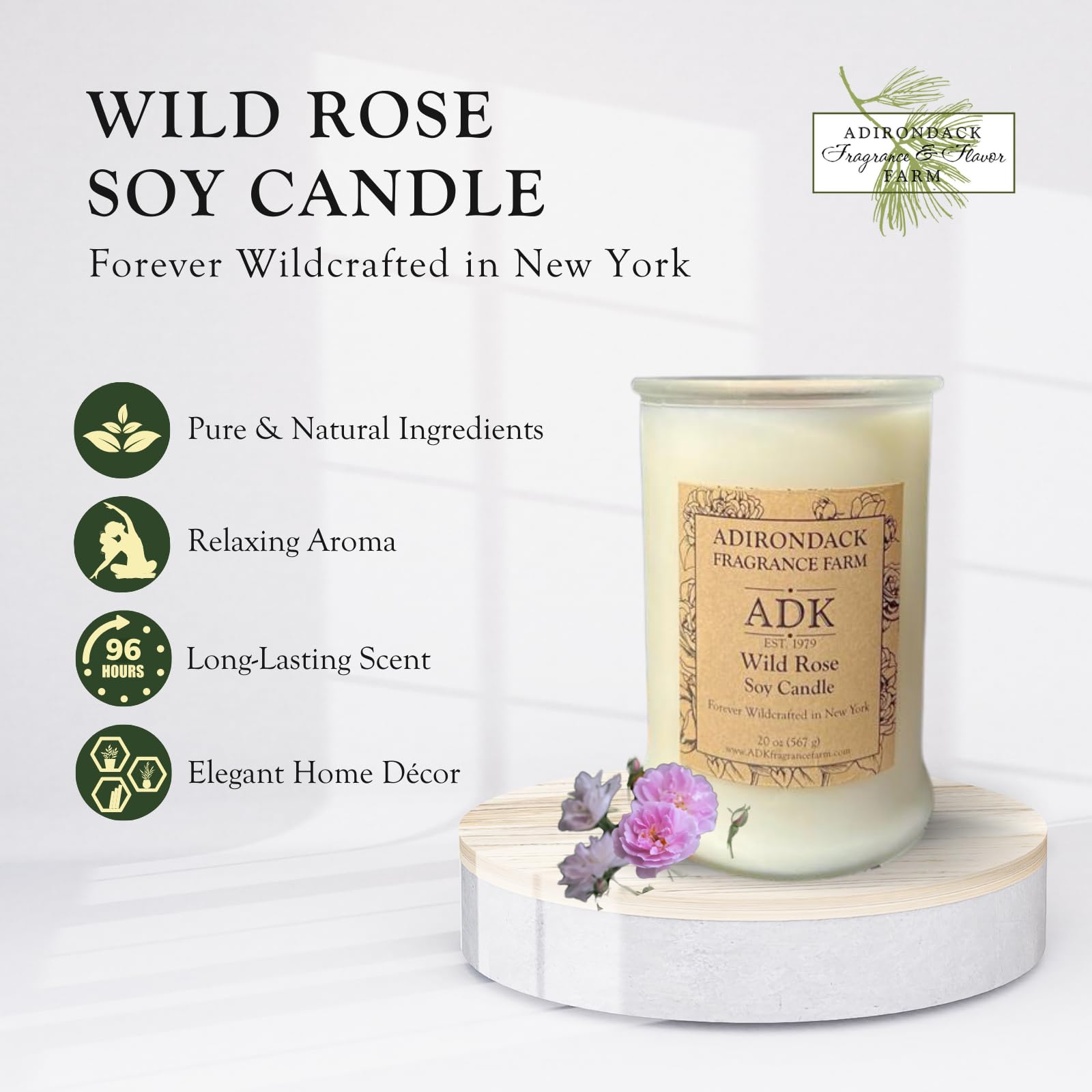 ADK Wild Rose Candle with rose buds on top for spa-like ambiance.
