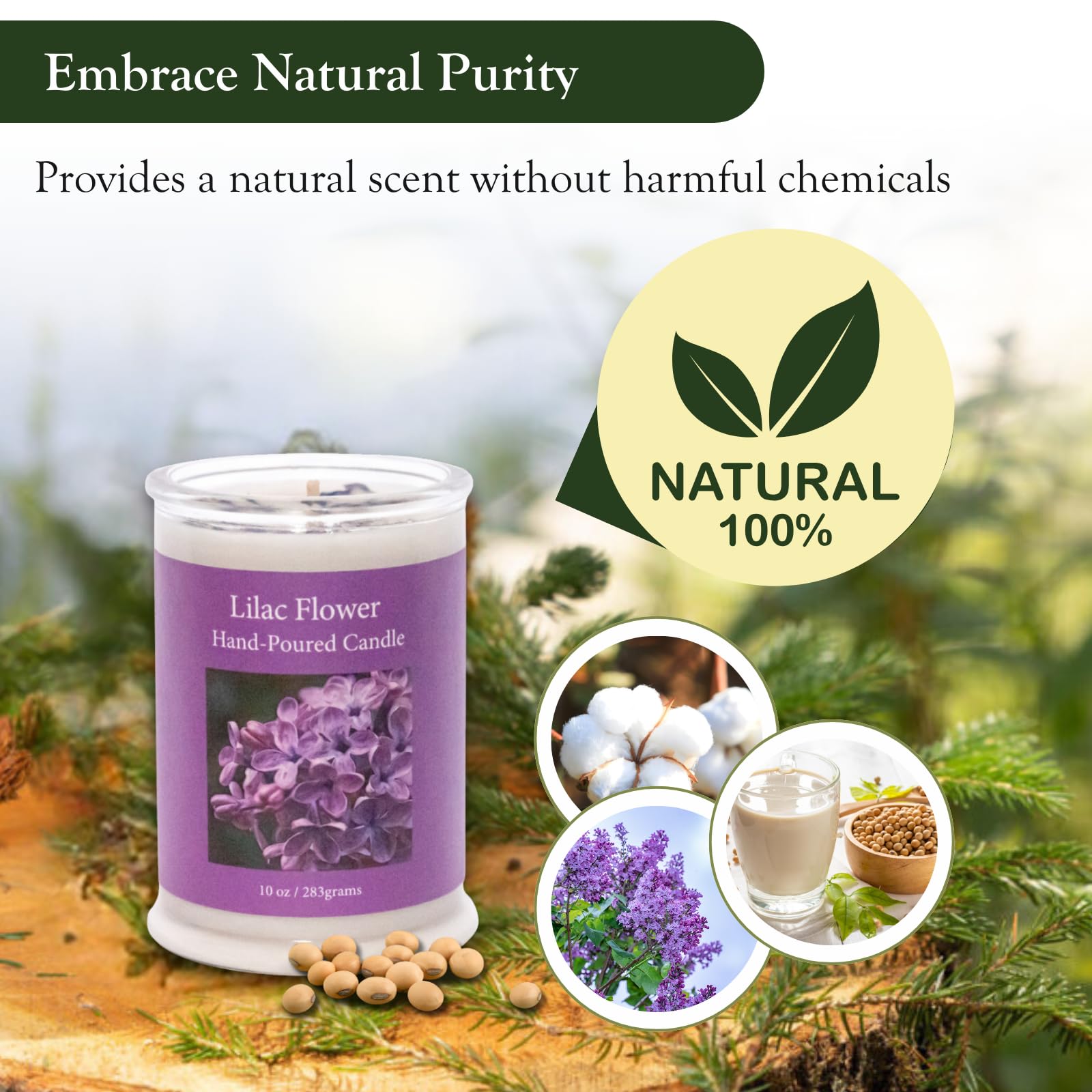 ADK Lilac candle closeup shows real petals and natural charm