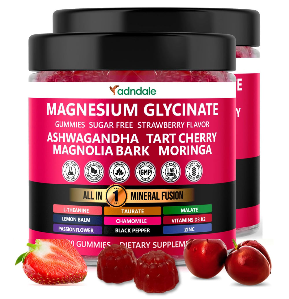 Adndale magnesium glycinate gummies bottle-front showing strawberry flavor for relaxation.