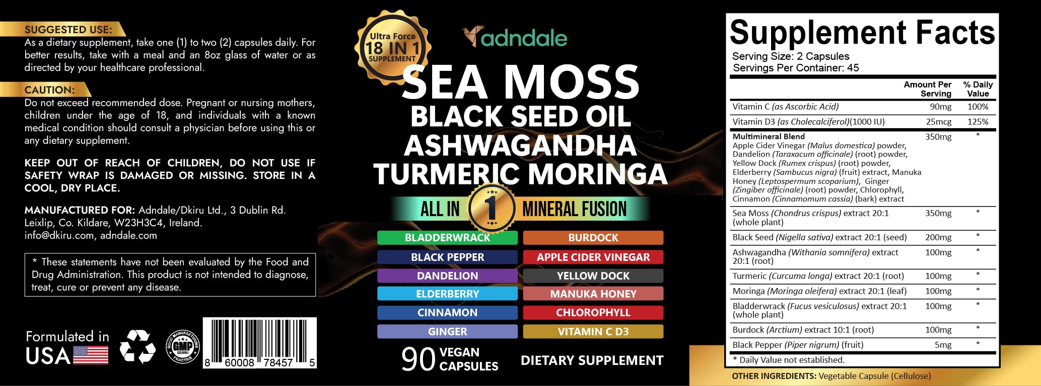 Adndale Sea Moss Capsules bottle back showing ingredients and vegan formula