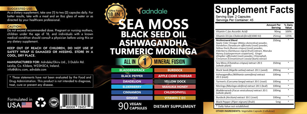 Adndale Sea Moss Capsules bottle back showing ingredients and vegan formula