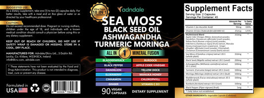 Adndale Sea Moss Capsules bottle back showing ingredients and vegan formula