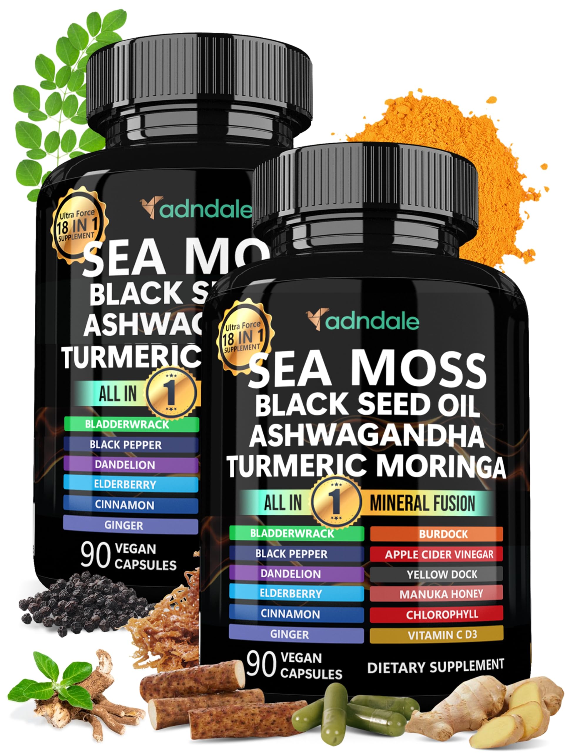 Adndale Sea Moss Capsules bottle front with 18-in-1 fusion for daily wellness