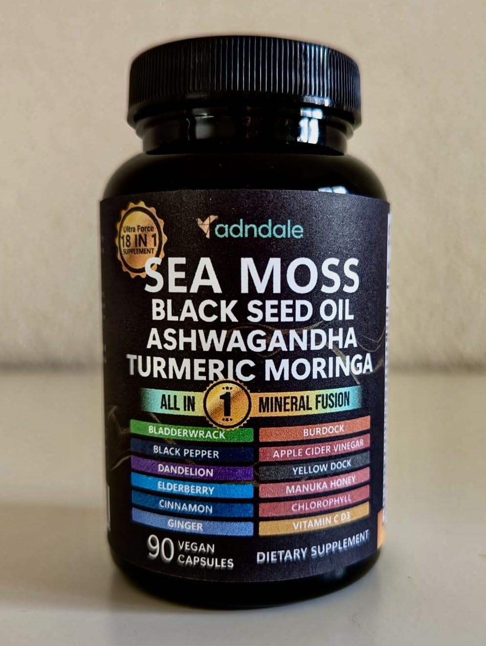 Adndale Sea Moss Capsules label closeup highlighting quality indicators