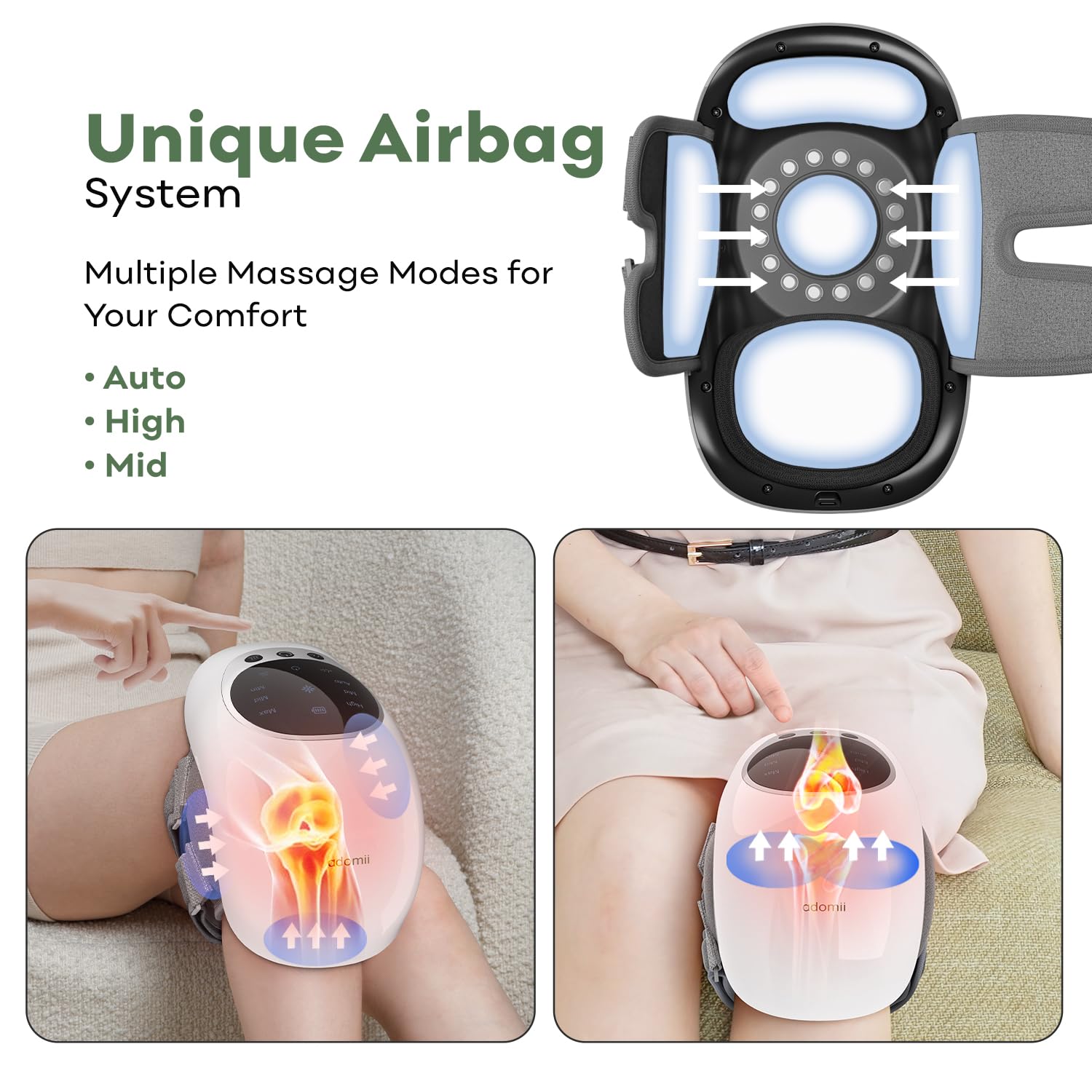 adomii cordless knee massager with airbags for adjustable compression on the go
