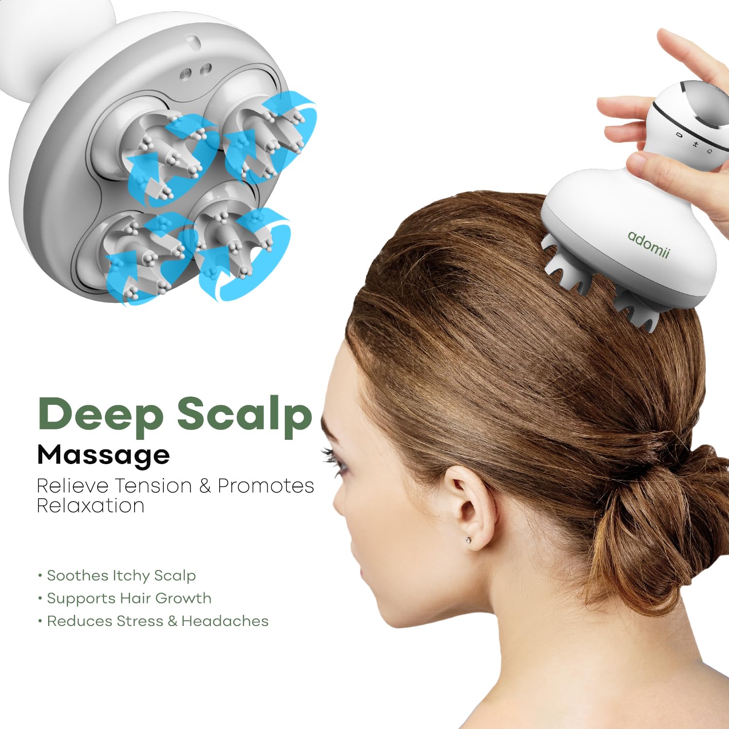 adomii waterproof head massager in bathroom use with IPX7 rating