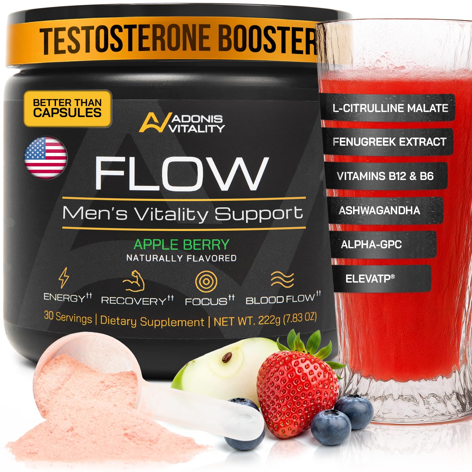 Adonis Vitality Flow bottle in Apple Berry flavor ready for daily use and energy support