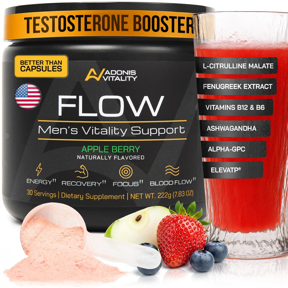 Adonis Vitality Flow bottle in Apple Berry flavor ready for daily use and energy support