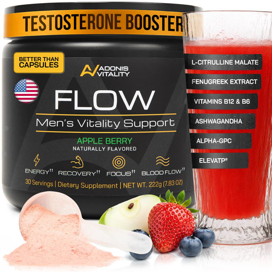 Adonis Vitality Flow bottle in Apple Berry flavor ready for daily use and energy support