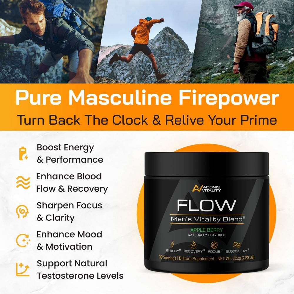 Glass of water with Adonis Vitality Flow powder for a convenient daily serving