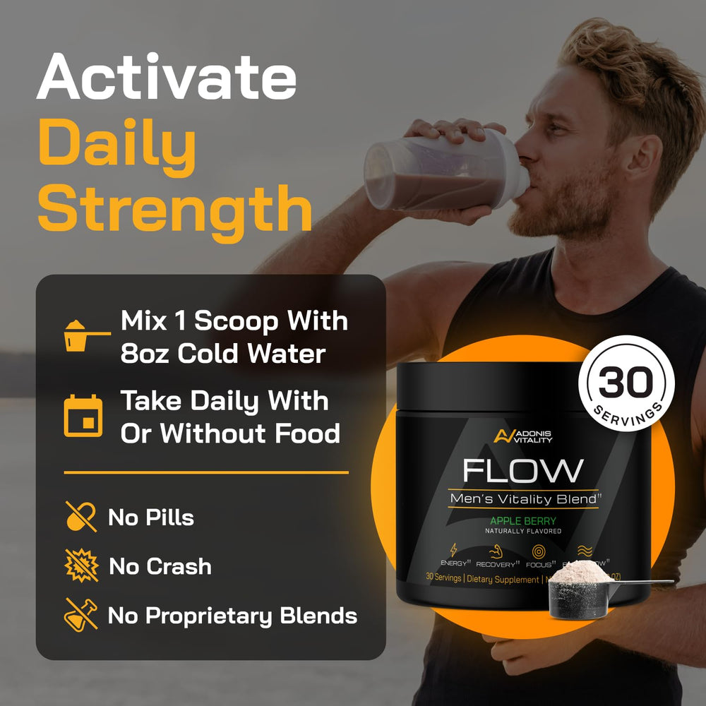 Morning routine scene with Adonis Vitality Flow supporting daily stamina