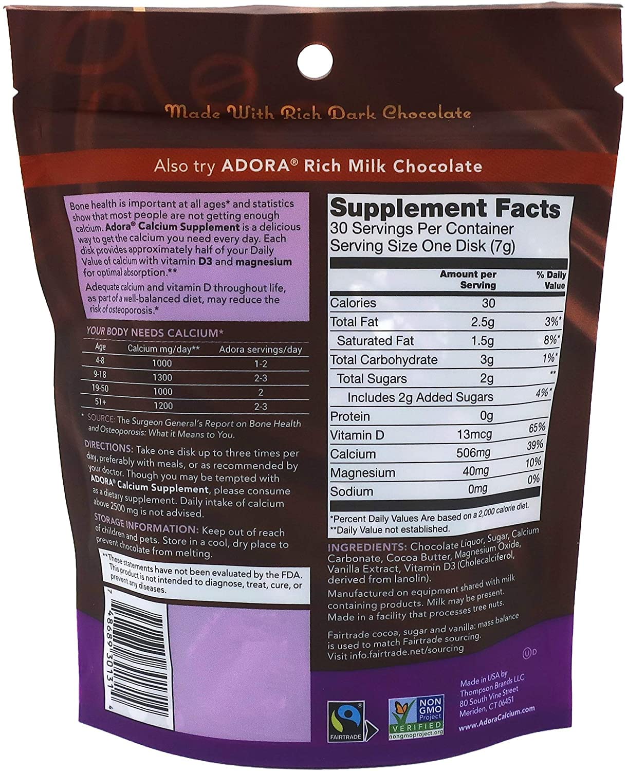 Adora Calcium discs close-up highlighting organic cocoa and indulgent taste for a satisfying snack.