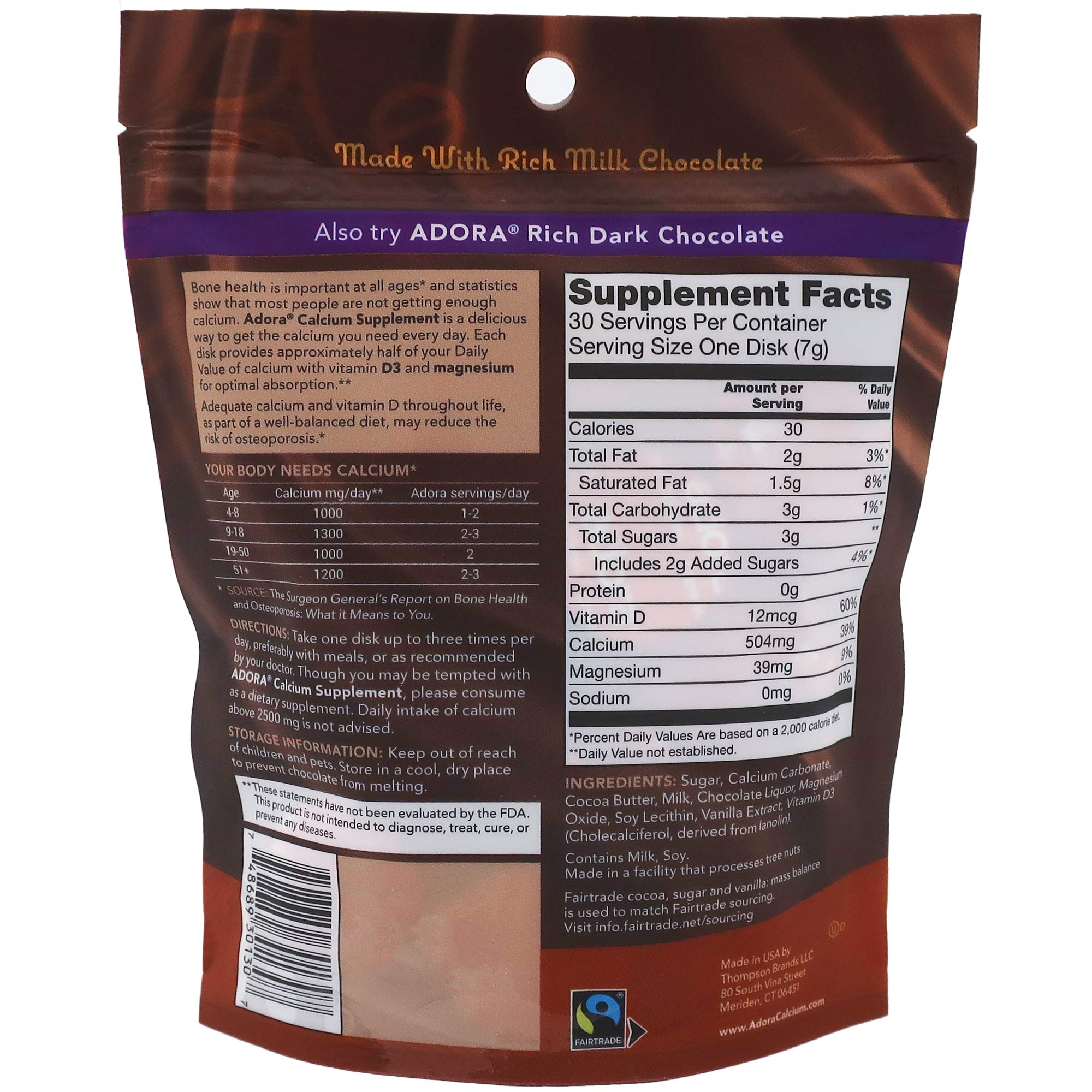 Adora calcium supplement disk close up showing rich milk chocolate and smooth texture.