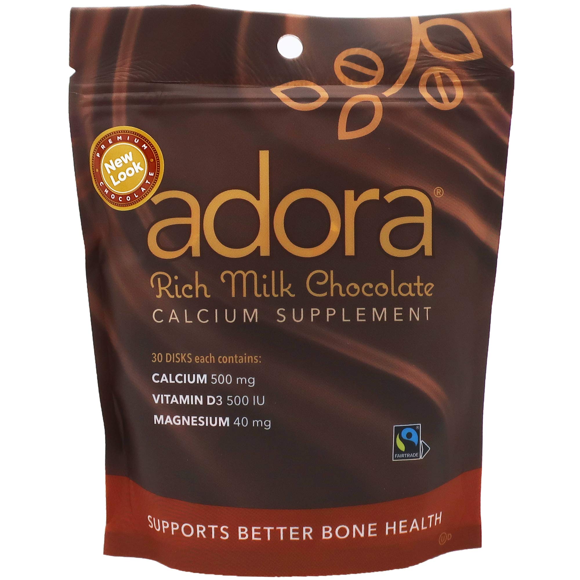 Adora calcium supplement fairtrade milk chocolate pack front view highlighting 12 pack and 30-count disks.
