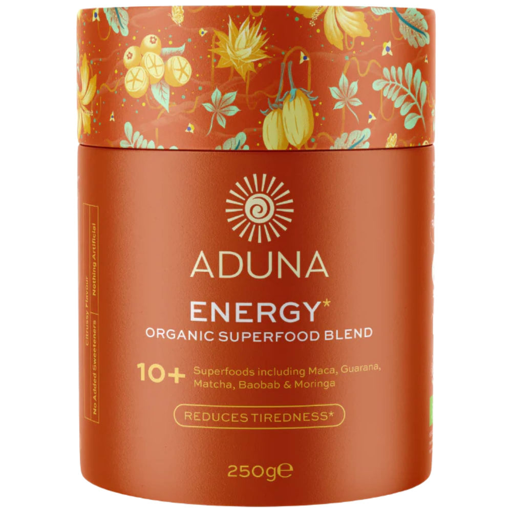 Aduna Energy Superfood Blend bottle showing citrus-infused energy support