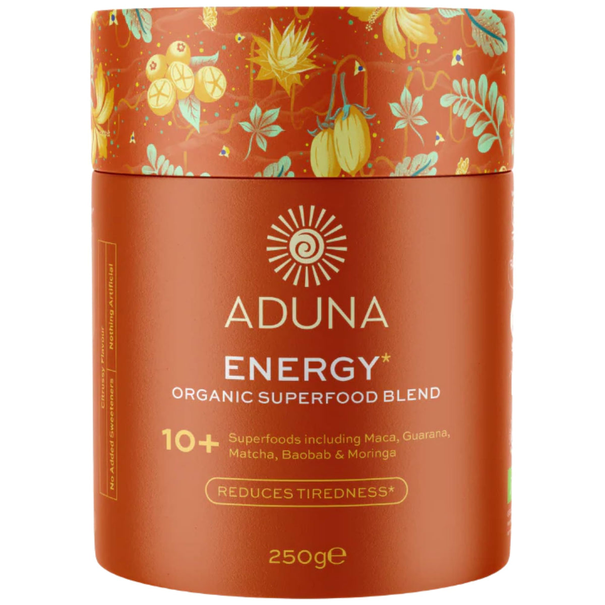 Aduna Energy Superfood Blend bottle showing citrus-infused energy support