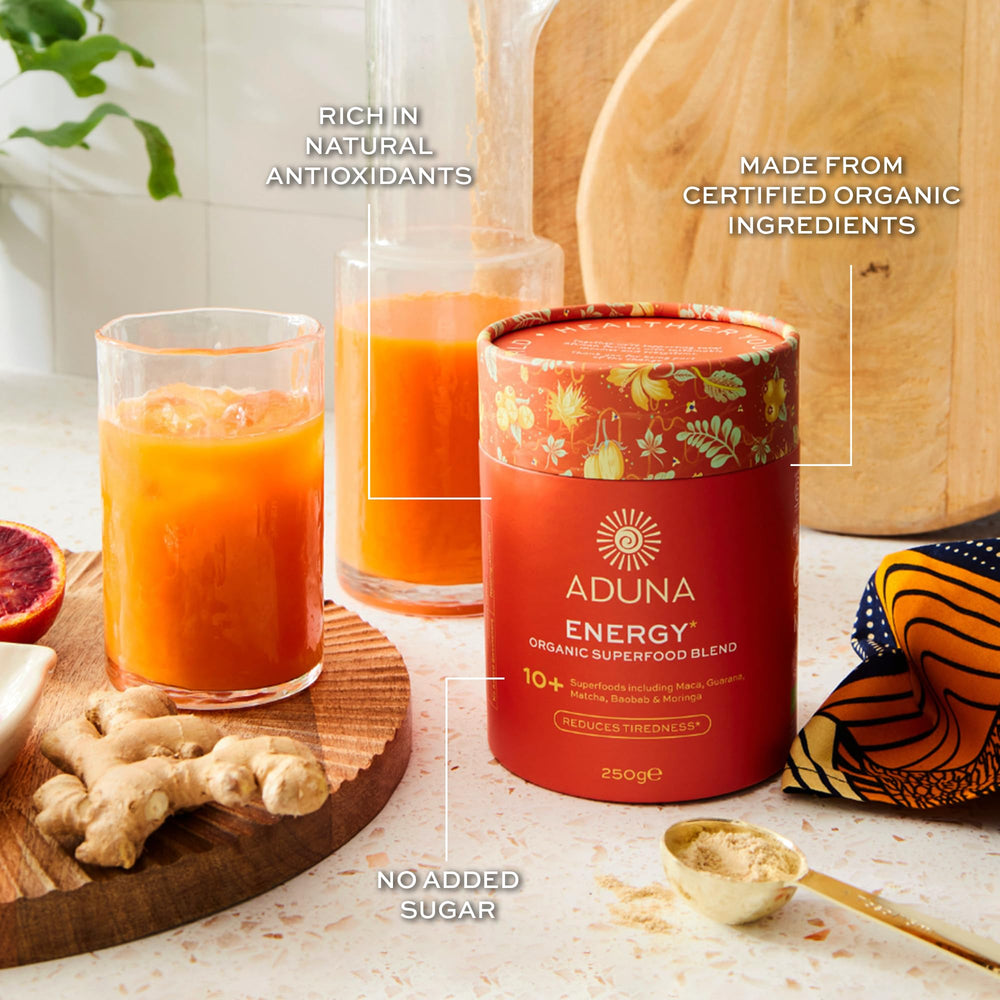 Aduna Energy Superfood Blend in a smoothie for natural alertness