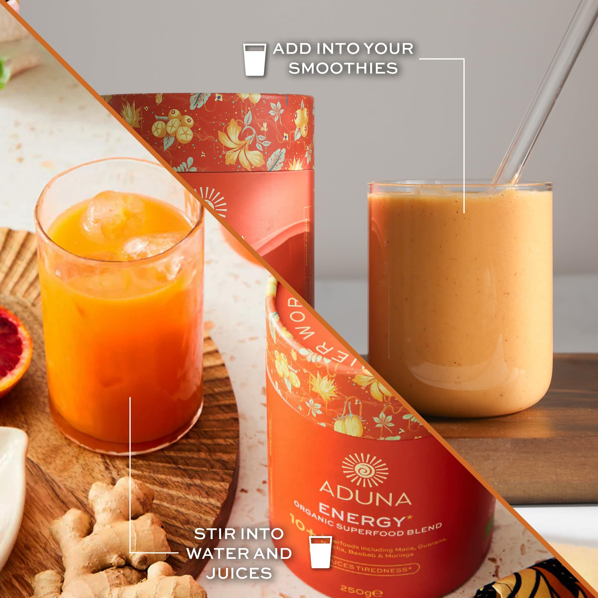 Aduna Energy Superfood Blend scoop beside smoothie