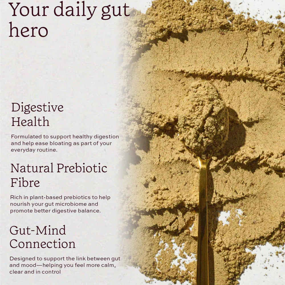 Organic certification badge and ingredients on Aduna Good Gut Blend packaging.
