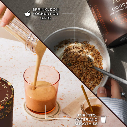 Aduna Good Gut Blend packaging close-up highlighting certified organic ingredients for digestion support.