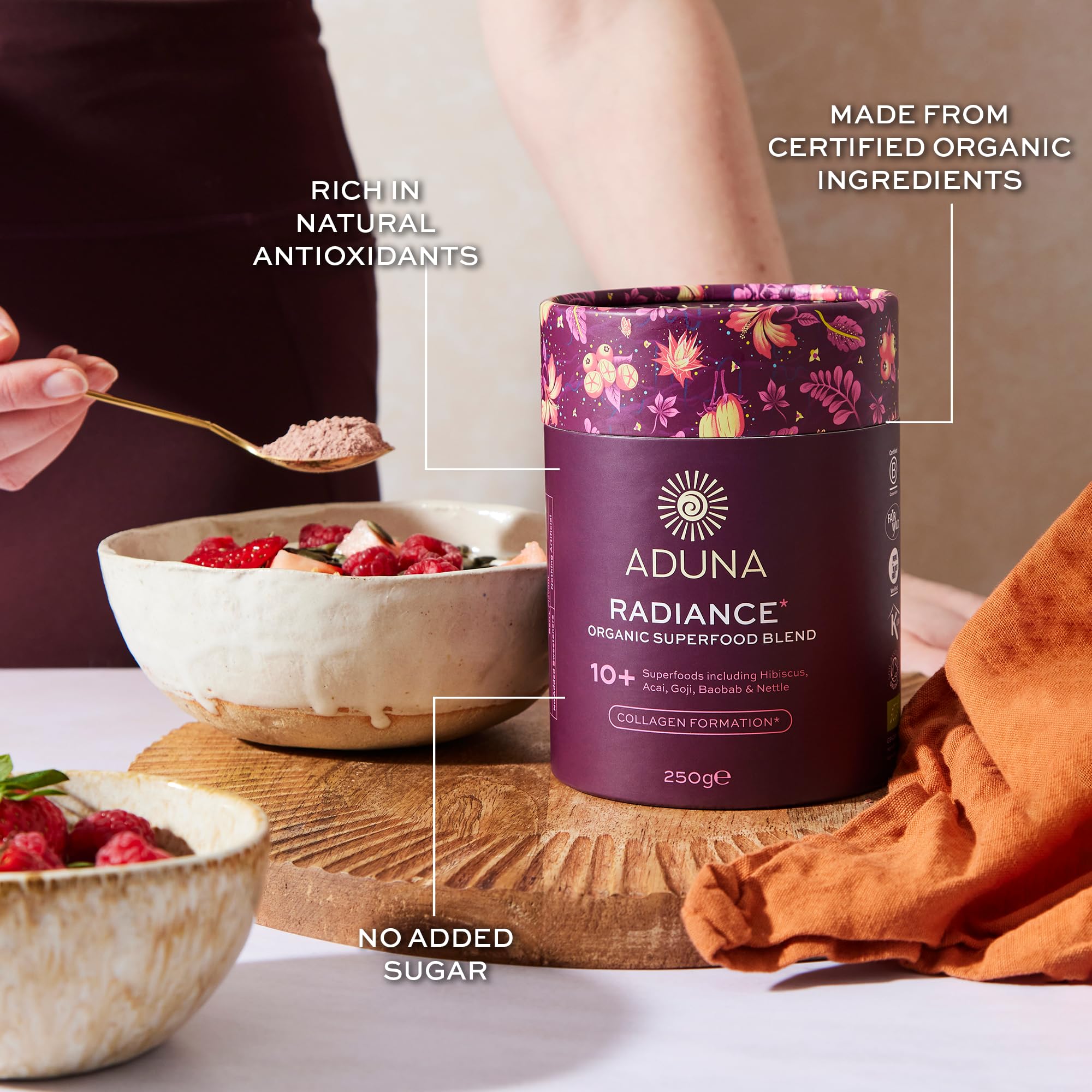 Aduna Radiance smoothie jar blended for a glowing morning.