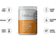 Advanced Amino Formula ingredients panel emphasizing vegan and allergen-free profile