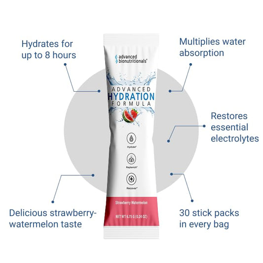 Advanced Bionutritionals hydration formula dissolving in water illustrates quick mix
