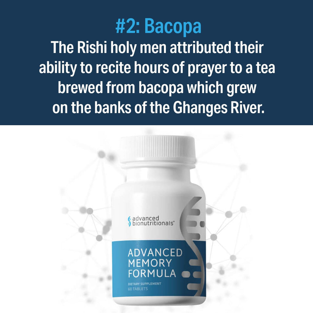 Advanced Memory Formula ingredients like bacopa and blueberry highlighted for brain health.