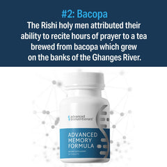 Advanced Memory Formula ingredients like bacopa and blueberry highlighted for brain health.