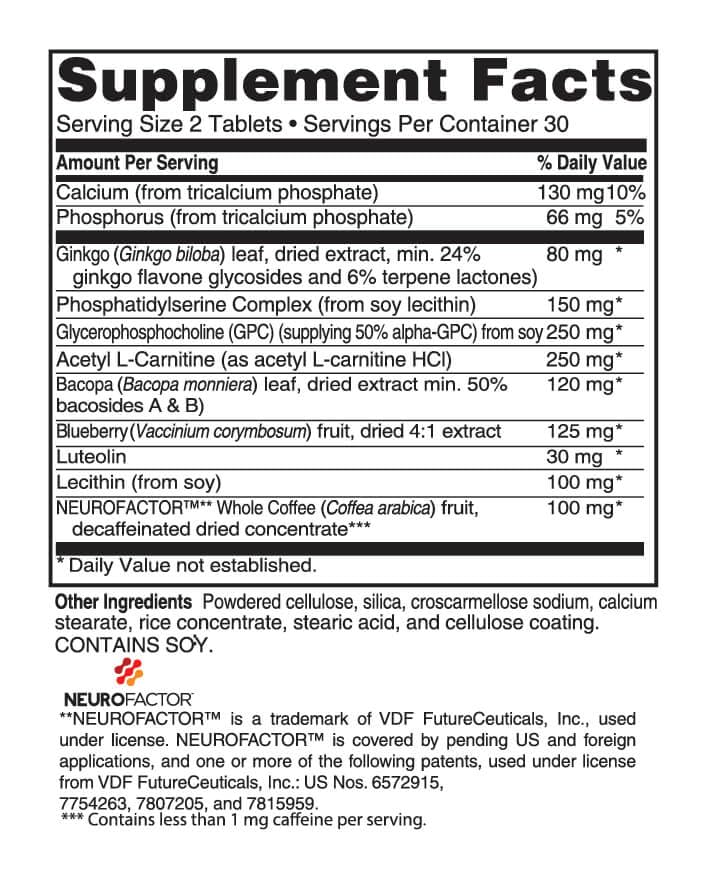 Advanced Memory Formula label close-up highlighting nine cognitive-supporting ingredients.