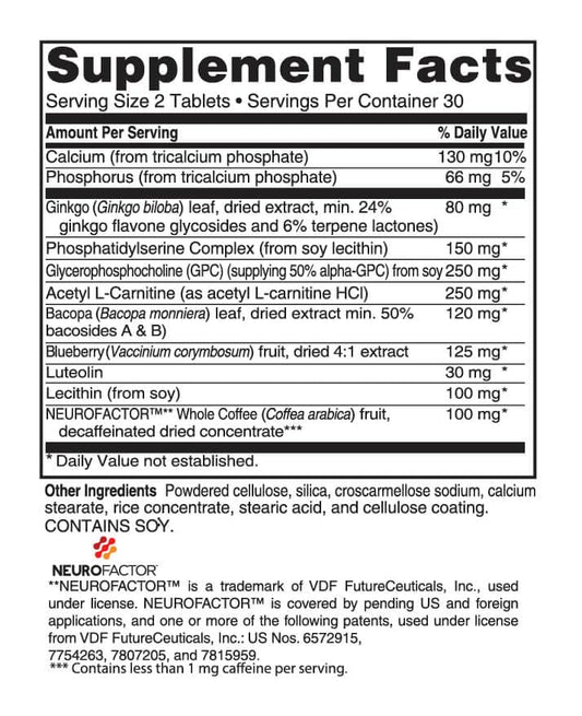 Advanced Memory Formula label close-up highlighting nine cognitive-supporting ingredients.
