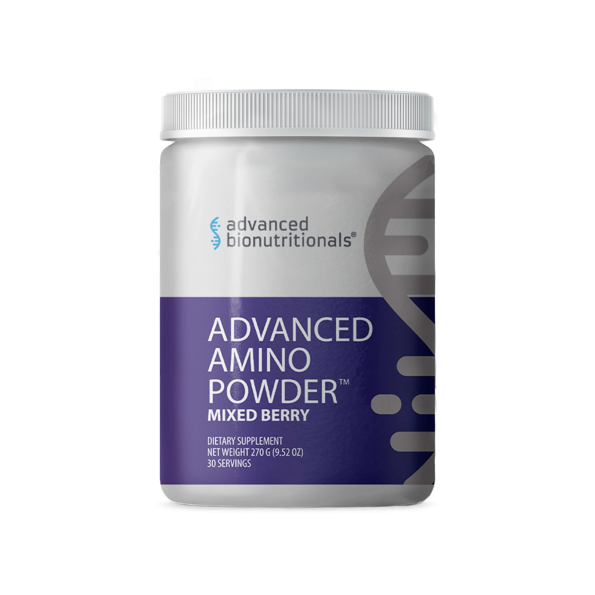 Advanced Bionutritionals amino powder bottle showing vegan formula for performance fueling