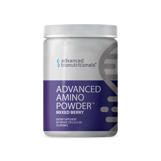 Advanced Bionutritionals amino powder bottle showing vegan formula for performance fueling