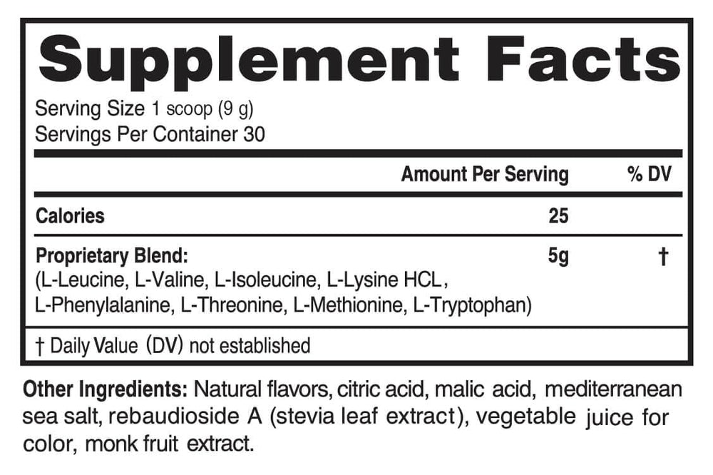 Amino powder tub highlights easy blend for quick recovery