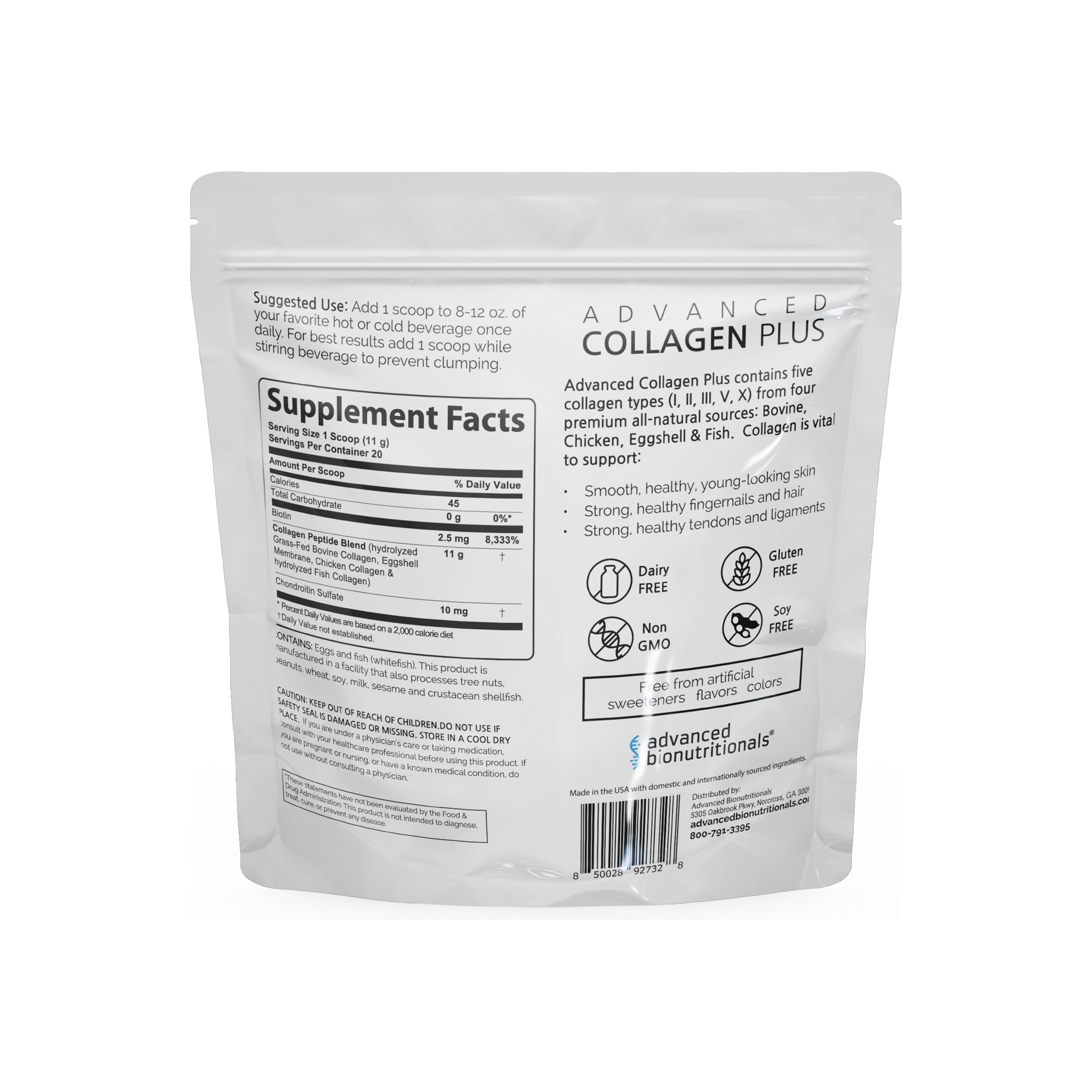 Advanced Bionutritionals Collagen Plus stirred into smoothie for daily hair, skin, nails support