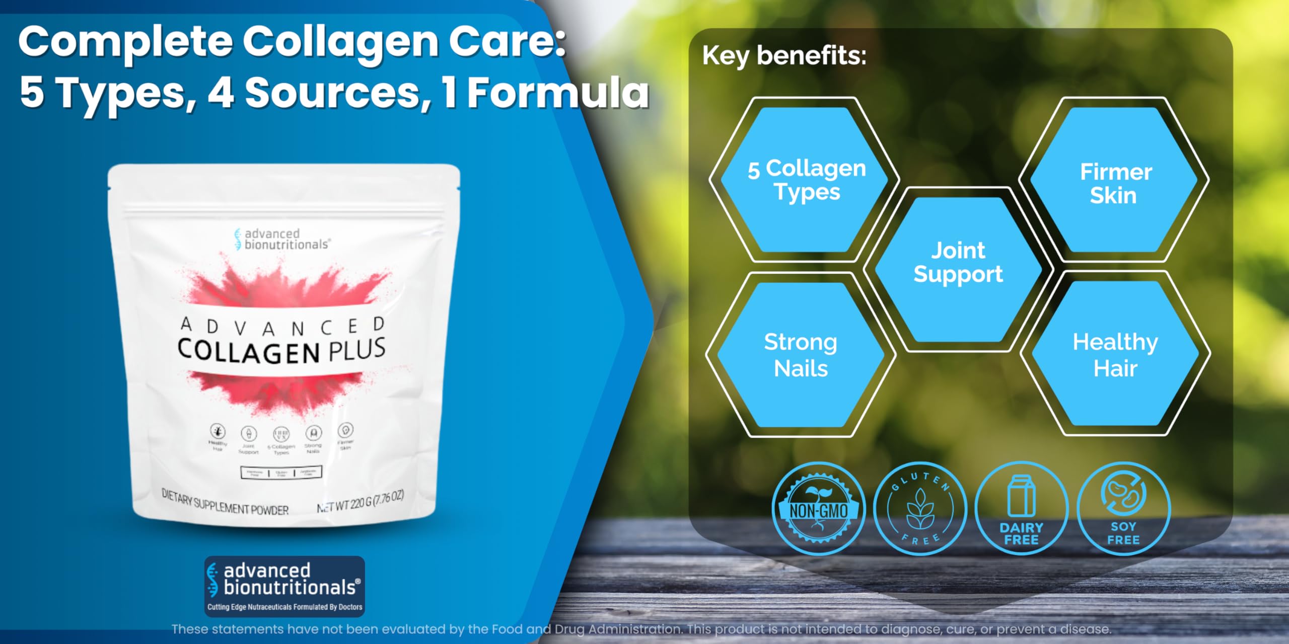 Advanced Bionutritionals Collagen Plus ingredients panel highlighting five collagen types