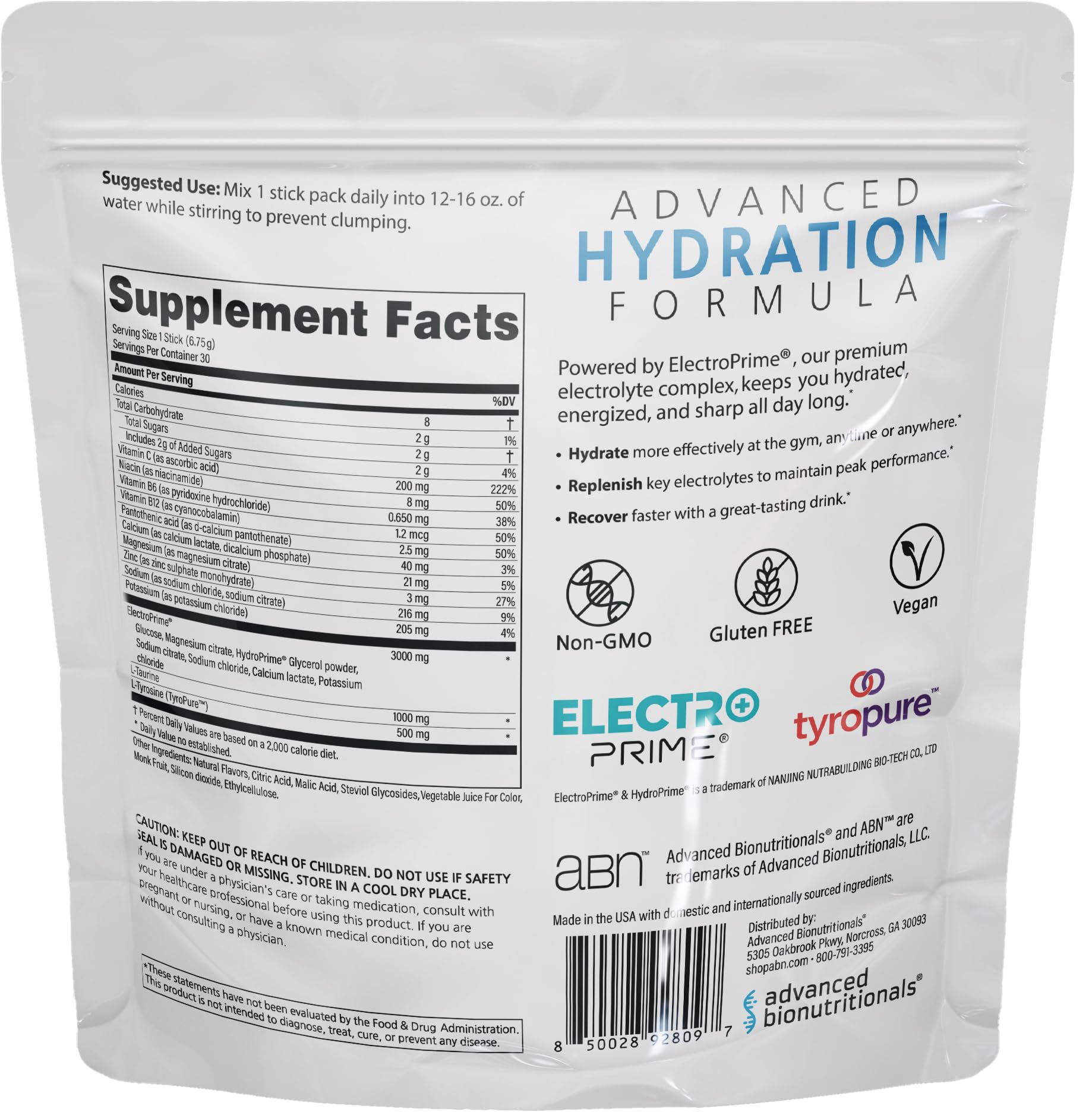 Advanced Bionutritionals hydration formula serving 12–16 oz water with flavor flexibility