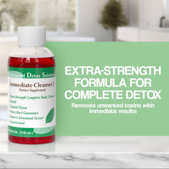 Advanced Detox Solutions Immediate Cleanser 2 bottle on white background highlighting quick results.