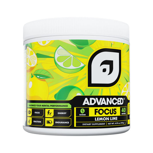 Advanced Focus Lemon Lime tub label highlighting non-stimulant formula