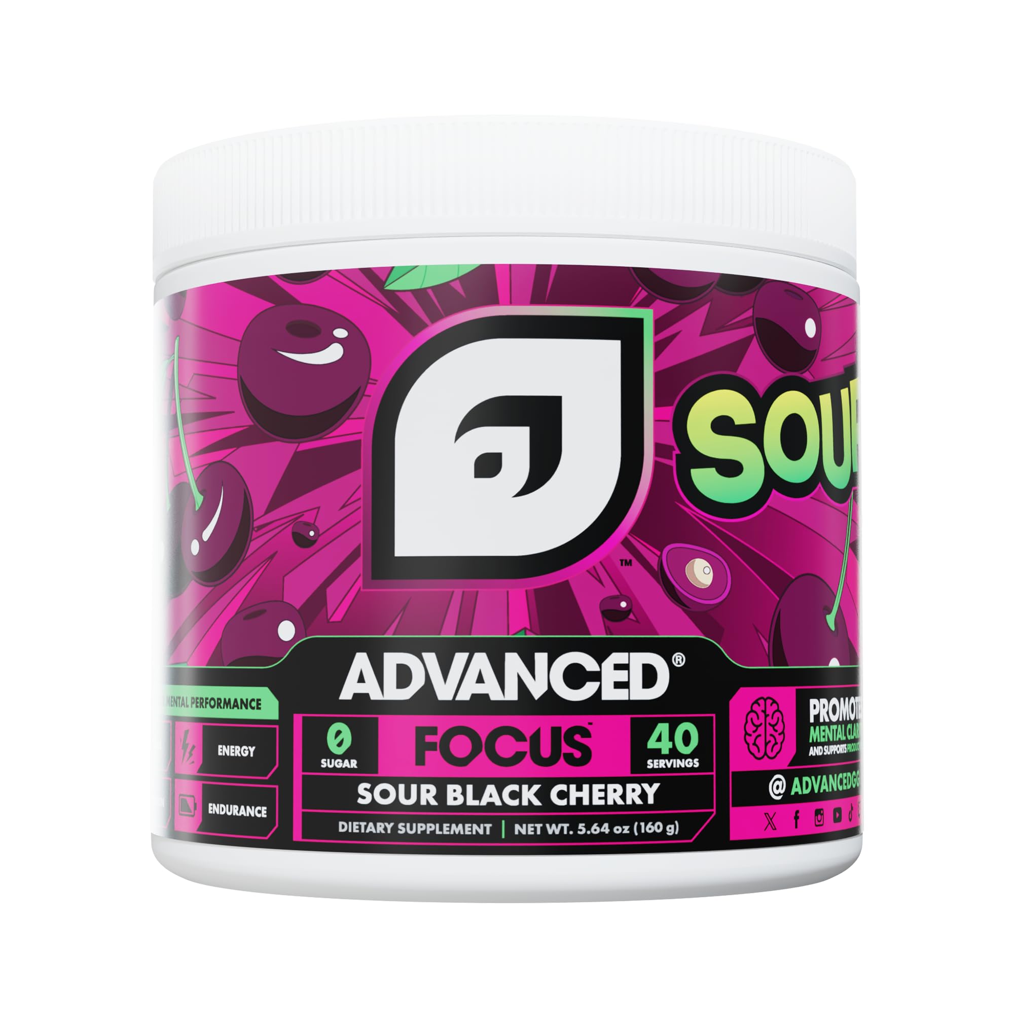 Advanced Focus Sour Black Cherry bottle front showcases premium design for focused gaming