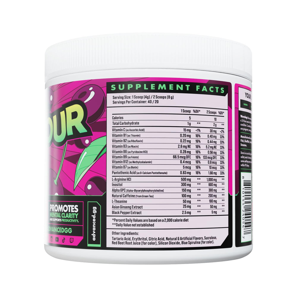 Advanced Focus Sour Black Cherry with gamer setup emphasizes smooth energy without jitters