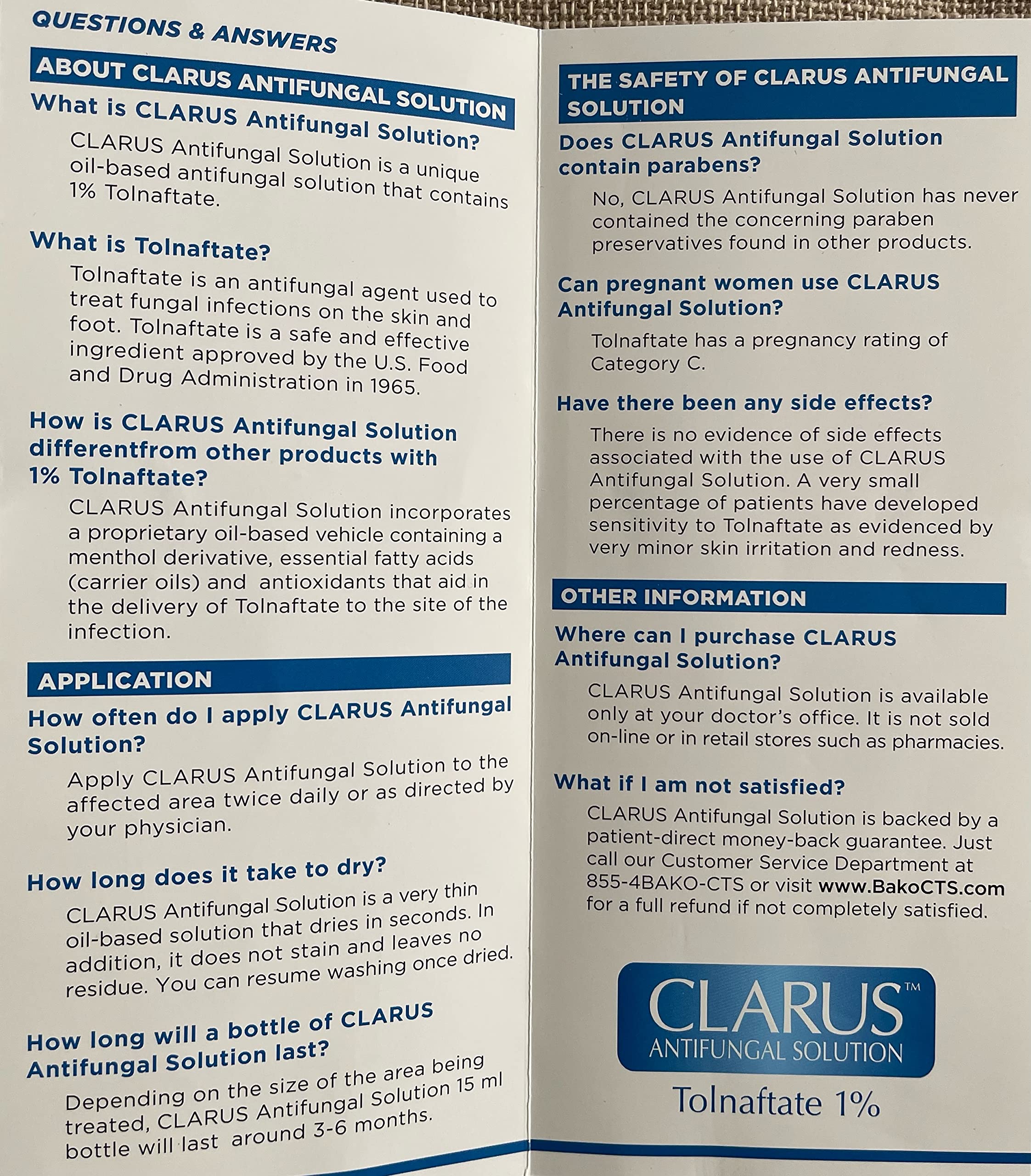 Clarus Solution antifungal label view highlights 1% formula