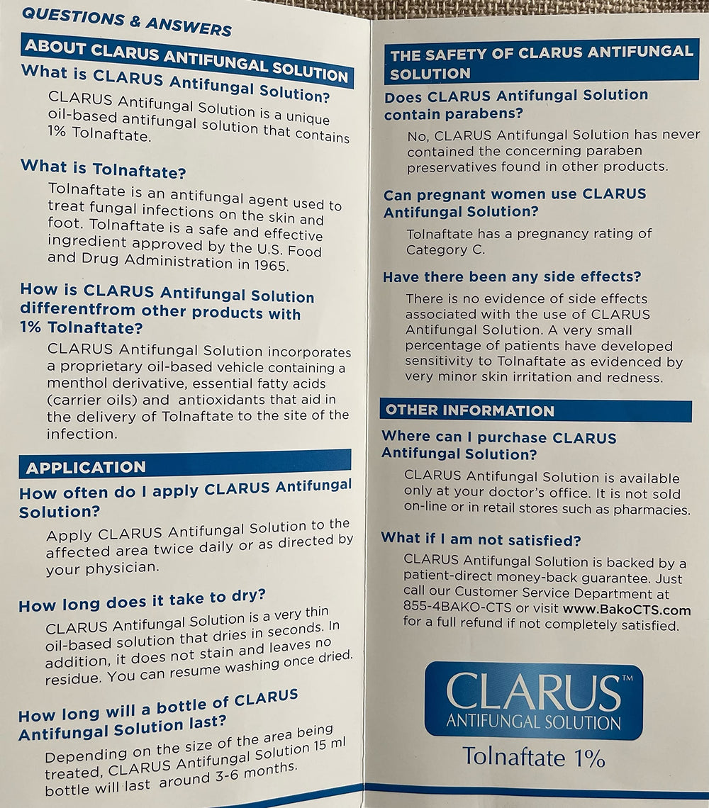 Clarus Solution antifungal label view highlights 1% formula