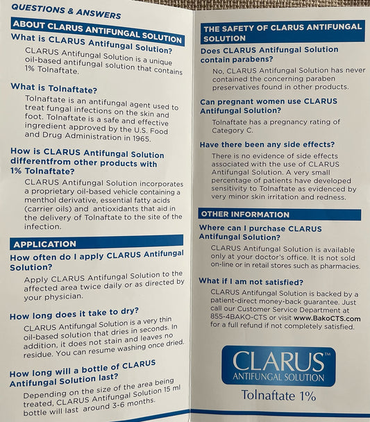 Clarus Solution antifungal label view highlights 1% formula