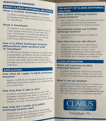 Clarus Solution antifungal label view highlights 1% formula