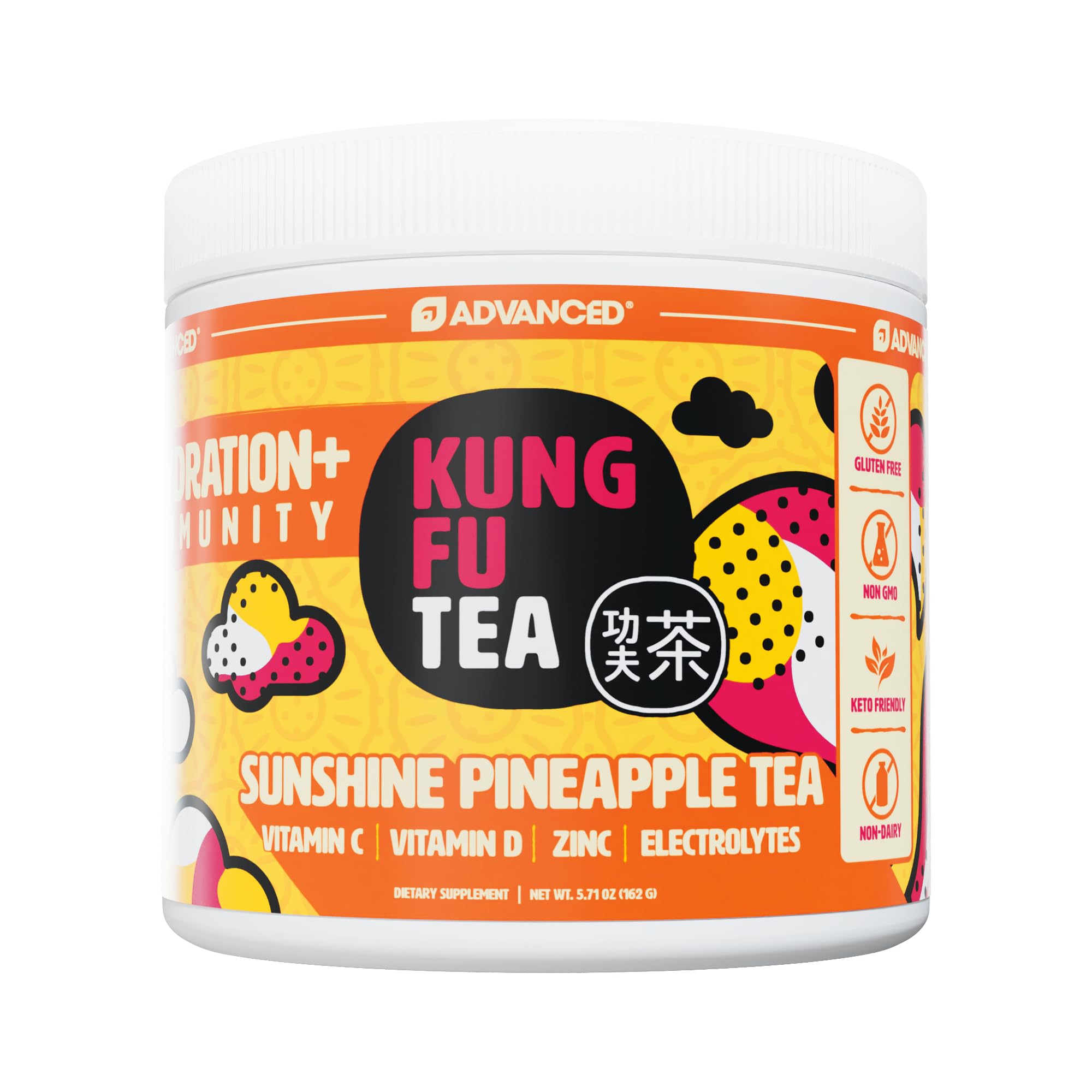 Advanced Kung Fu Tea hydration powder tub shows a refreshing sunshine pineapple flavor for daily hydration.