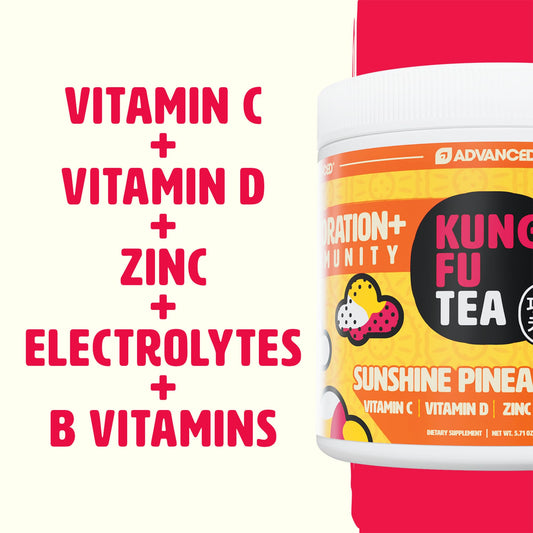 Advanced Kung Fu Tea sunshine pineapple flavor powder with scoop for quick mix and on-the-go refreshment.